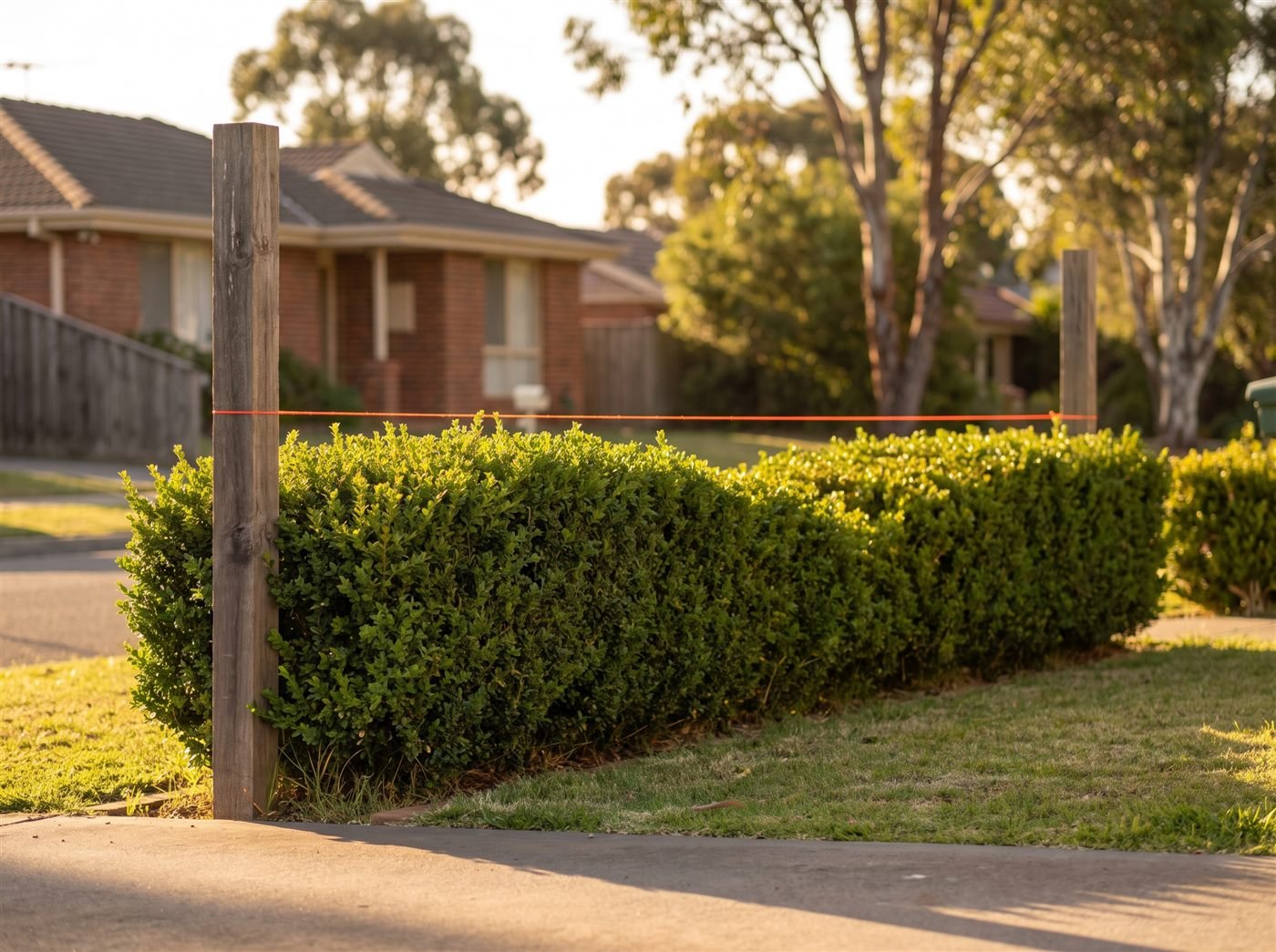 A string line set up along a hedge as a guide for trimming it straight
