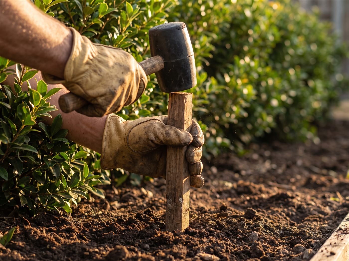 Gloved hands driving a timber stake into the soil at the end of a hedge with a rubber mallet