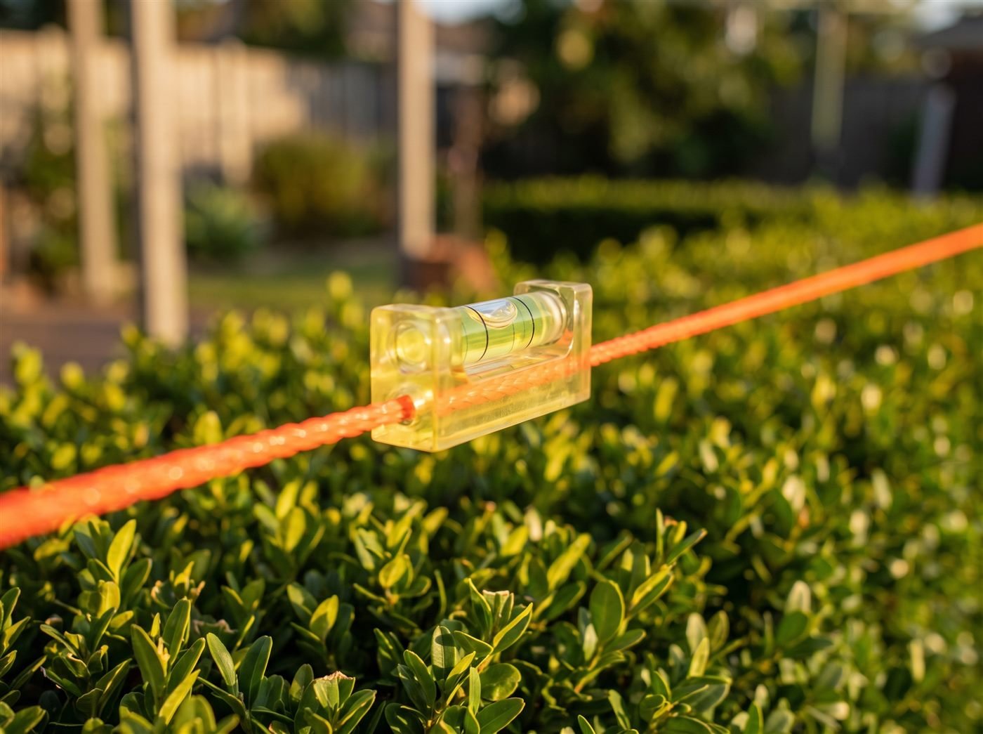 A line level clipped onto a taut orange string line stretched just above the top of a hedge, bubble centred