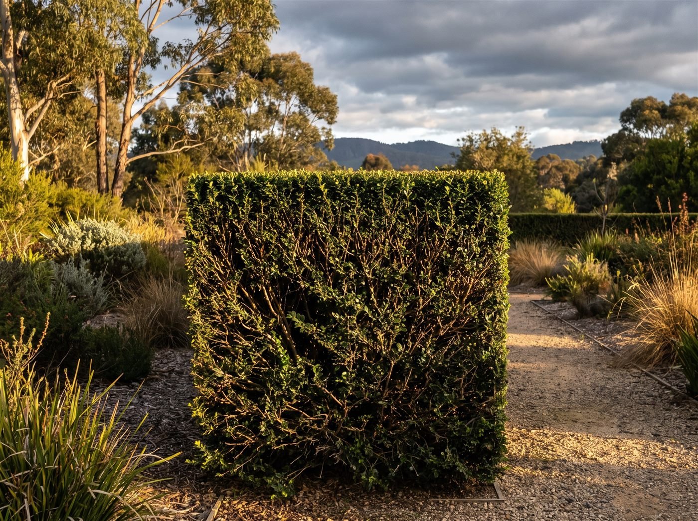 A freshly trimmed formal hedge seen from the end, showing a crisp square profile with the base slightly wider than the top