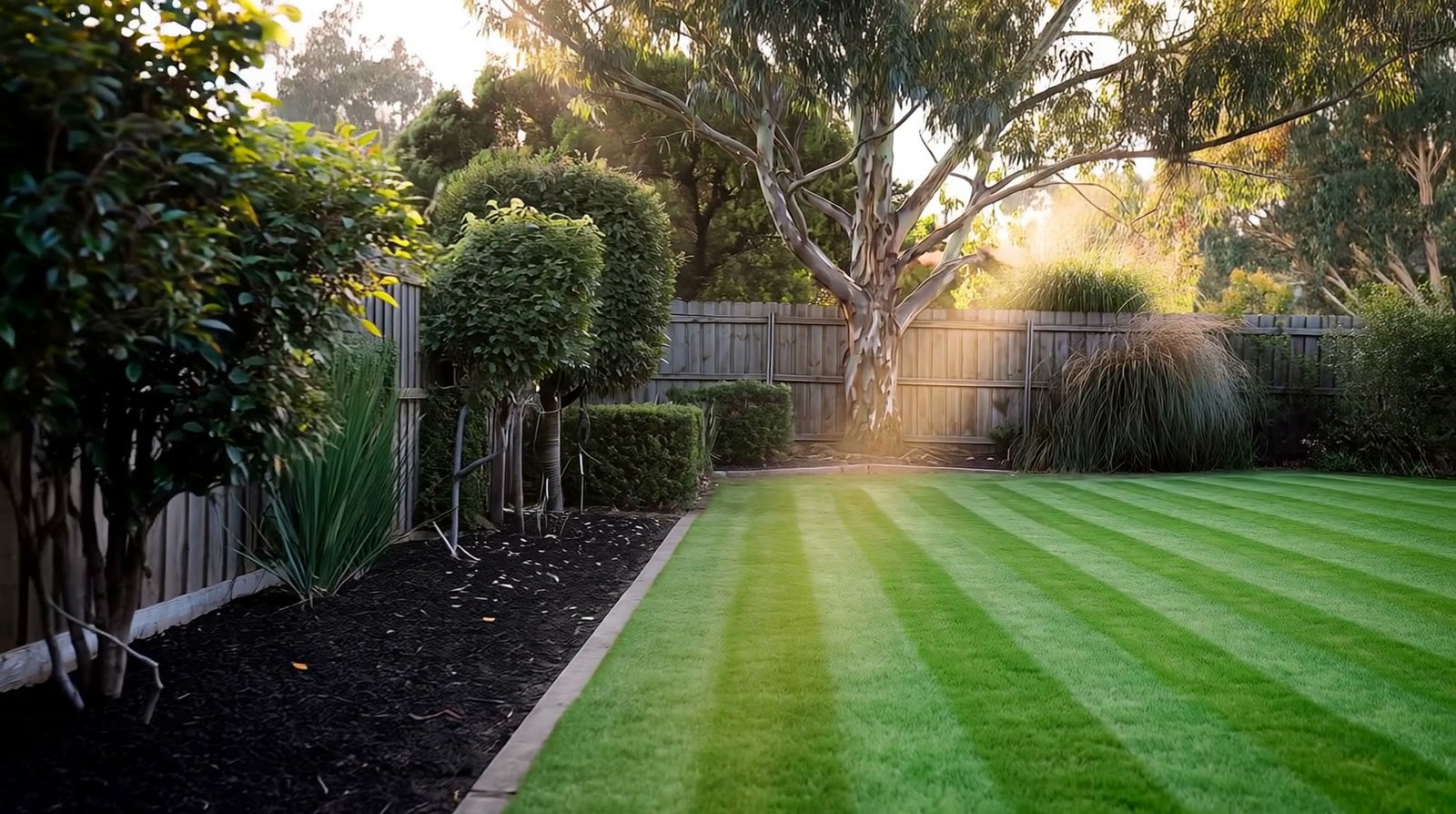 Striped mown lawn in evening light, lawn mowing for Surf Coast homes